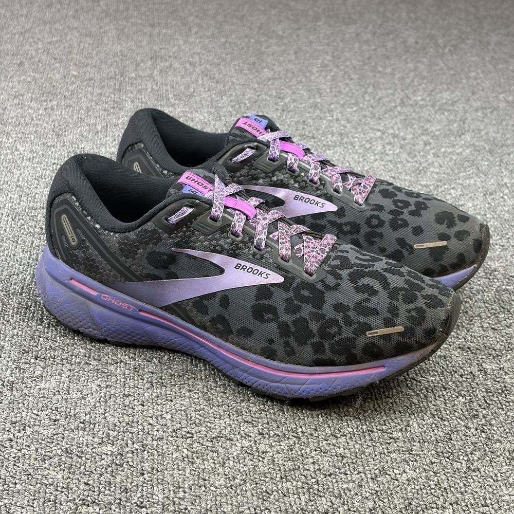 Brooks Ghost 14 Leopard Print Cheetah Running Shoes Black Purple Womens Size 9 B - Picture 1 of 10
